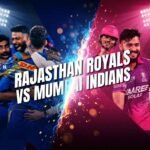 Rajasthan Royals and Mumbai Indians players featured in a dramatic IPL 2026 rivalry poster with stadium background.