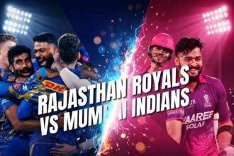 Rajasthan Royals and Mumbai Indians players featured in a dramatic IPL 2026 rivalry poster with stadium background.