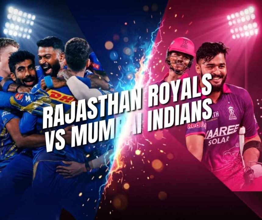 Rajasthan Royals and Mumbai Indians players featured in a dramatic IPL 2026 rivalry poster with stadium background.