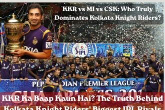KKR players celebrating IPL title victory with trophy at Eden Gardens.